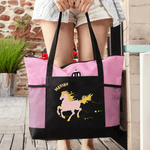 Personalized Multicolour Floral Horse Large Capacity Oxford Tote Bag with Name and Mesh Pockets Horse Training Daily Use Gift for Horse Owners Riders