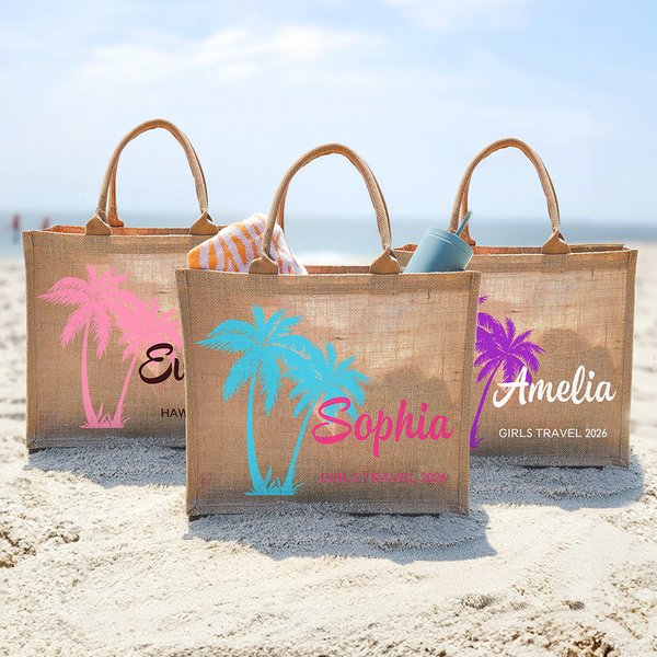 Palmera personalizada Bolsa de yute grande con nombre y texto Accesorios de viaje Cumpleaños Fiesta en la playa Regalo de boda para mujeres Damas de honor
