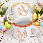 Personalisierte Aquarell Ostern Hase floralen ersten 12 oz farbigen Rand Emaille-Becher mit Namen Ostern Geburtstag Geschenk für Kinder Mädchen