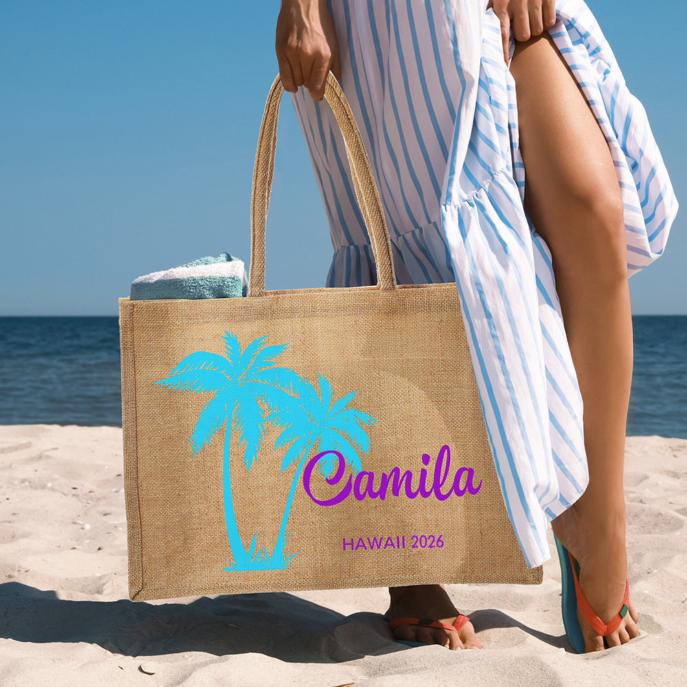 Henkilökohtainen Palm Tree Suuri Jute Kangaskassi nimi ja teksti Travel tarvikkeet Syntymäpäivä Beach Party häät lahja naisille Bridesmaids