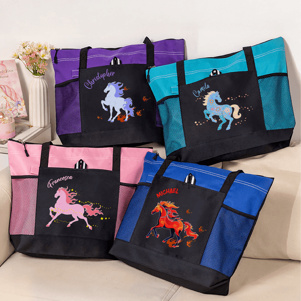 Personalised Multicolor Floral Horse Large Capacity Oxford Tote Bag with Name and Mesh Pockets Horse Training Daily Use Gift for Horse Owners Riders