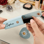 Personalised Crystal Birth Flower PU Leather Lipstick Bag Keychain with Name and Heart-Shaped Mirror Birthday Gift for Women Bridesmaids