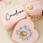 Personalised Crystal Birth Flower PU Leather Lipstick Bag Keychain with Name and Heart-Shaped Mirror Birthday Gift for Women Bridesmaids