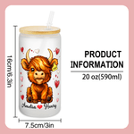 Personalisierte niedlichen Hochland Kuh 20 oz gefrostetem Klarglas Becher mit Namen und Stroh Valentinstag Geburtstag Geschenk für Paare