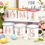 Personalisierte Aquarell Ostern Hase floralen ersten 12 oz farbigen Rand Emaille-Becher mit Namen Ostern Geburtstag Geschenk für Kinder Mädchen