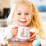 Personalisierte Aquarell Ostern Hase floralen ersten 12 oz farbigen Rand Emaille-Becher mit Namen Ostern Geburtstag Geschenk für Kinder Mädchen