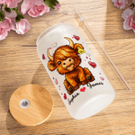 Personalisierte niedlichen Hochland Kuh 20 oz gefrostetem Klarglas Becher mit Namen und Stroh Valentinstag Geburtstag Geschenk für Paare