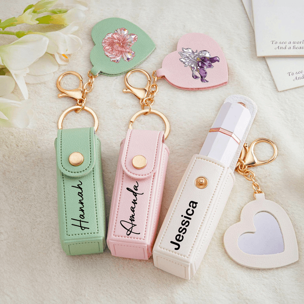 Personalised Crystal Birth Flower PU Leather Lipstick Bag Keychain with Name and Heart-Shaped Mirror Birthday Gift for Women Bridesmaids