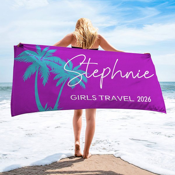 Asciugamano da spiaggia personalizzato Multicolor Palm Tree Super Absorbent Oversize con nome e testo Regalo per le vacanze estive, matrimonio, addio al nubilato per le donne