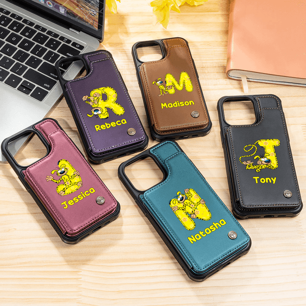 Gepersonaliseerd Marsupilami Leren Flip Telefoonhoesje met Naam en RFID Blokkerende Kaarthouder Verjaardagscadeau voor Familie | Callie × Marsupilami®