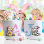 Personalisierte Cartoon Bunny Flower Basket Canvas Osterkorb mit Namen und Initialen Eierjagd Zubehör Ostern Geschenk für Jungen Mädchen