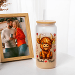 Personalisierte niedlichen Hochland Kuh 20 oz gefrostetem Klarglas Becher mit Namen und Stroh Valentinstag Geburtstag Geschenk für Paare