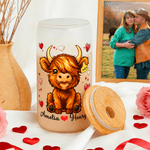 Personalisierte niedlichen Hochland Kuh 20 oz gefrostetem Klarglas Becher mit Namen und Stroh Valentinstag Geburtstag Geschenk für Paare