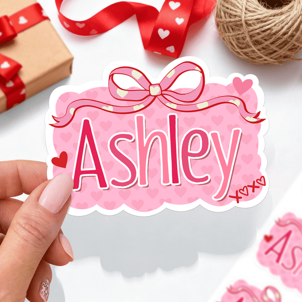 Personalised Cute Bow Heart Pink Sticker with Name Set of 2 Gift Decor Valentine's Day Gift for Kids Women Men