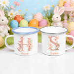 Personalisierte Aquarell Ostern Hase floralen ersten 12 oz farbigen Rand Emaille-Becher mit Namen Ostern Geburtstag Geschenk für Kinder Mädchen