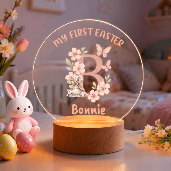 Personalised Watercolor Pink Initial Floral Bunny Acrylic LED Night Light with Name and Wooden Base Nursery Decor Easter Birthday Gift for Kids