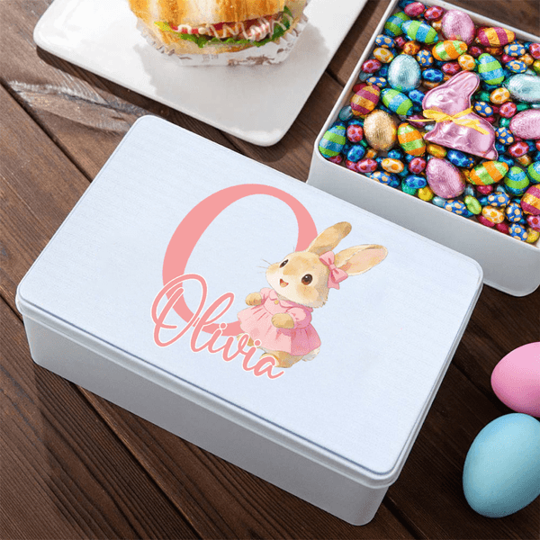 Personalizado lindo conejo de dibujos animados inicial galleta caja de almacenamiento de estaño con el nombre de Pascua del partido de regalo para los niños de la familia