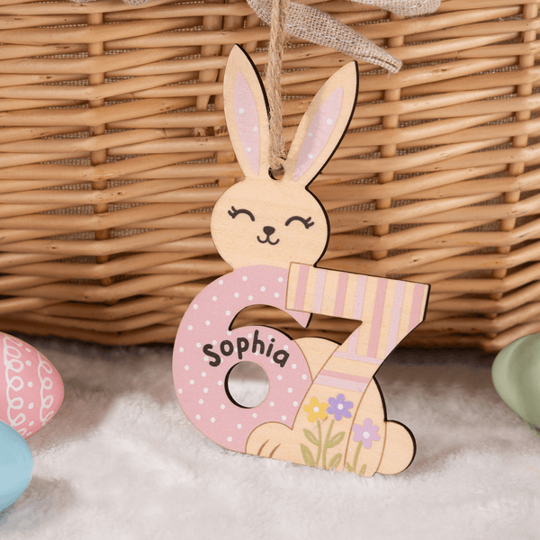 Personalized Cute Bunny Flower Six Seven Wooden Ornament with Name Basket Decor Easter Gift for Kids