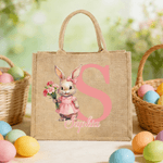 Personalised Easter Bunny Birth Flower Jute Tote Bag with Name and Initial Egg Hunting Party Easter Gift for Boys Girls