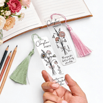 Personalisierte rosa Bogen Geburt Blumenstrauß klar Acryl Lesezeichen mit Namen Zitat und Quaste Geburtstag Bibliothek Bookish Geschenk für Bücherwürmer