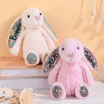 Personalized Floral Ear Stuffed Bunny Plush Toy with Embroidered Text Baby Shower Easter Birthday Gift for Boys Girls