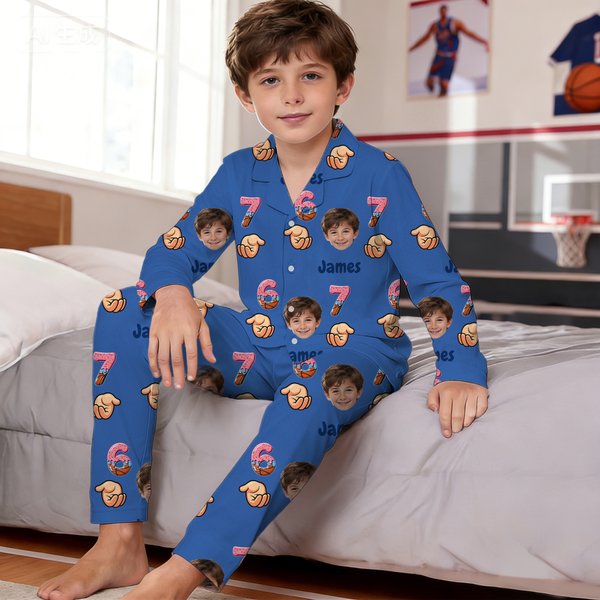 Spersonalizowany zestaw piżam dla dzieci Six Seven Meme Design Face Photo Multicolor z imieniem Prezent urodzinowy dla dzieci
