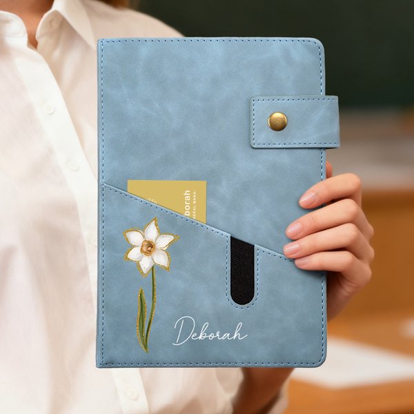 Personalizada Nacimiento Flor Nombre PU Cuero A5 Cuaderno con bolsillo de almacenamiento y páginas rayadas Material de Oficina Regalo de Cumpleaños para Amigo Familia