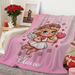 Spersonalizowany miękki koc z imieniem i nazwiskiem Heart Rose Cute Cupid Home Decor Walentynkowy prezent rocznicowy dla pary