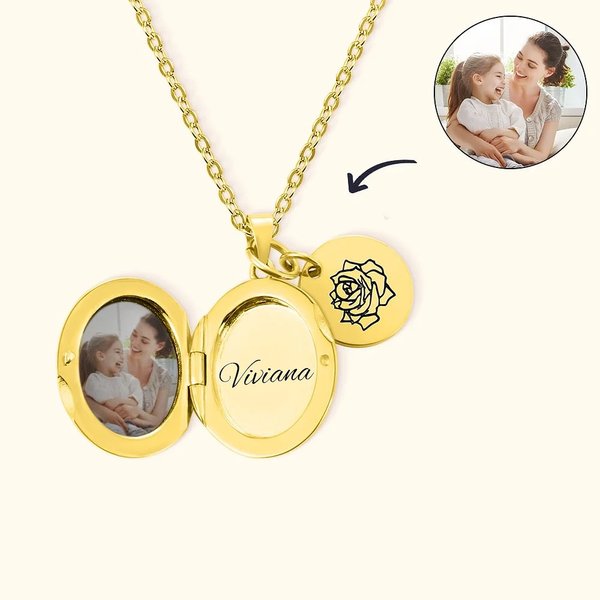 Collana personalizzata con ciondolo apribile con foto, testo e fiore di nascita incisi - Regalo per festa della mamma e compleanno per donne