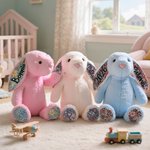 Personalized Floral Ear Stuffed Bunny Plush Toy with Embroidered Text Baby Shower Easter Birthday Gift for Boys Girls