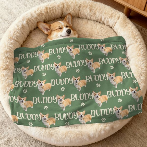 Personalised Cute Paw Print Face Photo Soft Pet Blanket with Name Home Decor Birthday Gift for Pet Owners