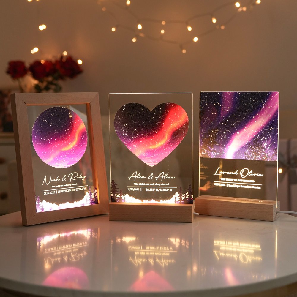 Personalized Constellation Star Map Acrylic LED Night Light with Date Text and Wooden Base Home Decor Valentine's Day Anniversary Gift for Couple 3