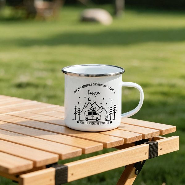 Personalizzato Home Is Where We Park It Campfire Mountain Forest Design 12 oz tazza smaltata con nome Anniversario Regalo di compleanno per coppia