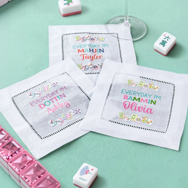Personalized Multicolor Mahjong Design Linen Cocktail Napkin with Name Set of 4 Party Home Decor Birthday Gift for Family Friends Mahjong Lovers