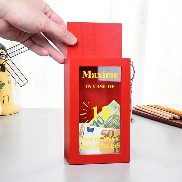 Personalized Funny Emergency Design Wooden Money Box Piggy Bank with Name Text Age and Hammer Home Decor Birthday Gift for Kids Friends Firefighters