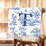 Spersonalizowany szalik Toile De Jouy Floral Initial Name Miękki, ciepły szalik z frędzlami Zimowy dodatek Rocznica Urodziny Prezent dla kobiet