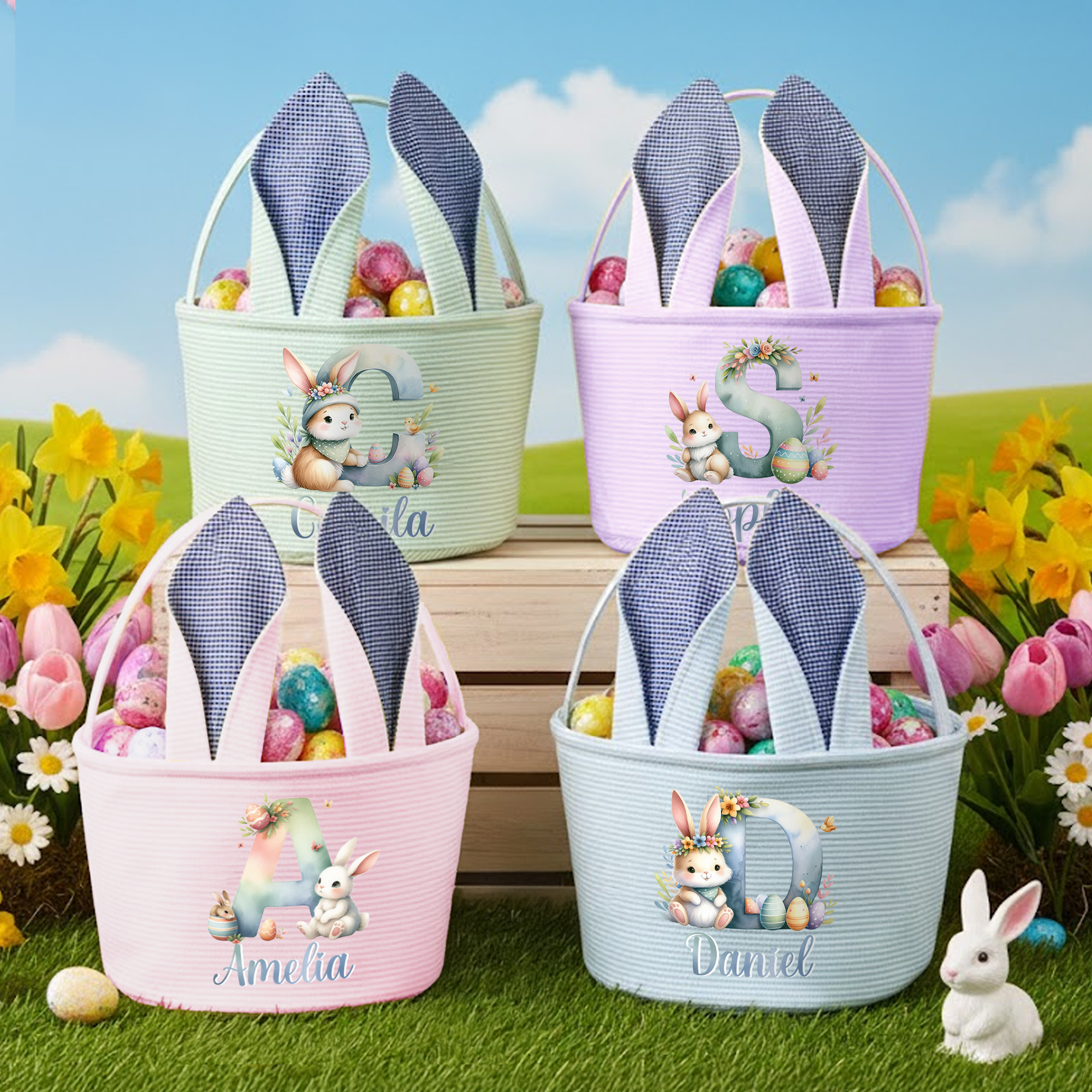 Personalisierter gestreifter Osterkorb mit niedlichem Osterhasen Initiale Namen und Hasenohren Ostern Party Eierjagd Geschenk für Kinder