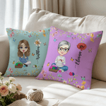 Personalised Birth Flower Cartoon Character Soft Cushion Cover with Name Mother's Day Birthday Gift for Women Knitting Lovers