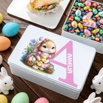 Personalised Cute Bunny Flowers Easter Eggs Initial Food Grade Metal Biscuit Tin Storage Box with Name Easter Holiday Gift for Family Kids