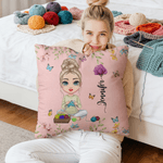 Personalised Birth Flower Cartoon Character Soft Cushion Cover with Name Mother's Day Birthday Gift for Women Knitting Lovers