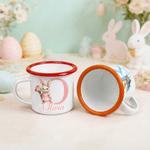 Personalised Cartoon Easter Bunny Birth Flower Initial 12 oz Coloured Rim Enamel Mug with Name Easter Gift for Boys and Girls
