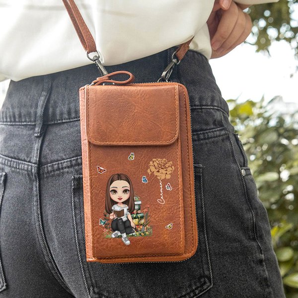 Cartera personalizada de cuero PU con personaje de dibujos animados flor de nacimiento y nombre regalo de cumpleaños para familia y amigos