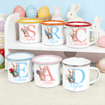 Personalizzato Cartoon Easter Bunny nascita fiore iniziale 12 oz colorato bordo tazza smaltata con nome regalo di Pasqua per ragazzi e ragazze