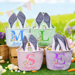 Personalized Cartoon Baby Rabbit Ears Striped Easter Basket with Initial and Name Easter Party Favor Eggs Hunting Gift for Kids