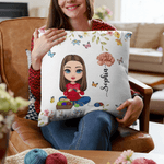 Personalised Birth Flower Cartoon Character Soft Cushion Cover with Name Mother's Day Birthday Gift for Women Knitting Lovers