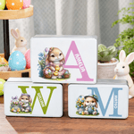 Personalised Cute Bunny Flowers Easter Eggs Initial Food Grade Metal Biscuit Tin Storage Box with Name Easter Holiday Gift for Family Kids
