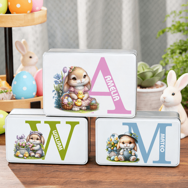 Personalizado lindo conejito Flores Huevos de Pascua Inicial Alimentos Grado Metal Biscuit Caja de almacenamiento de estaño con el nombre de Pascua de vacaciones de regalo para la familia de los niños