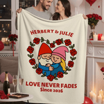 Personalized Cute Dwarf Couple Heart Rose Soft Throw Blanket with Name and Year Home Decor Valentine's Day Anniversary Gift for Couples