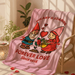 Personalized Cute Dwarf Couple Heart Rose Soft Throw Blanket with Name and Year Home Decor Valentine's Day Anniversary Gift for Couples