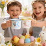 Personalised Cartoon Easter Bunny Birth Flower Initial 12 oz Coloured Rim Enamel Mug with Name Easter Gift for Boys and Girls